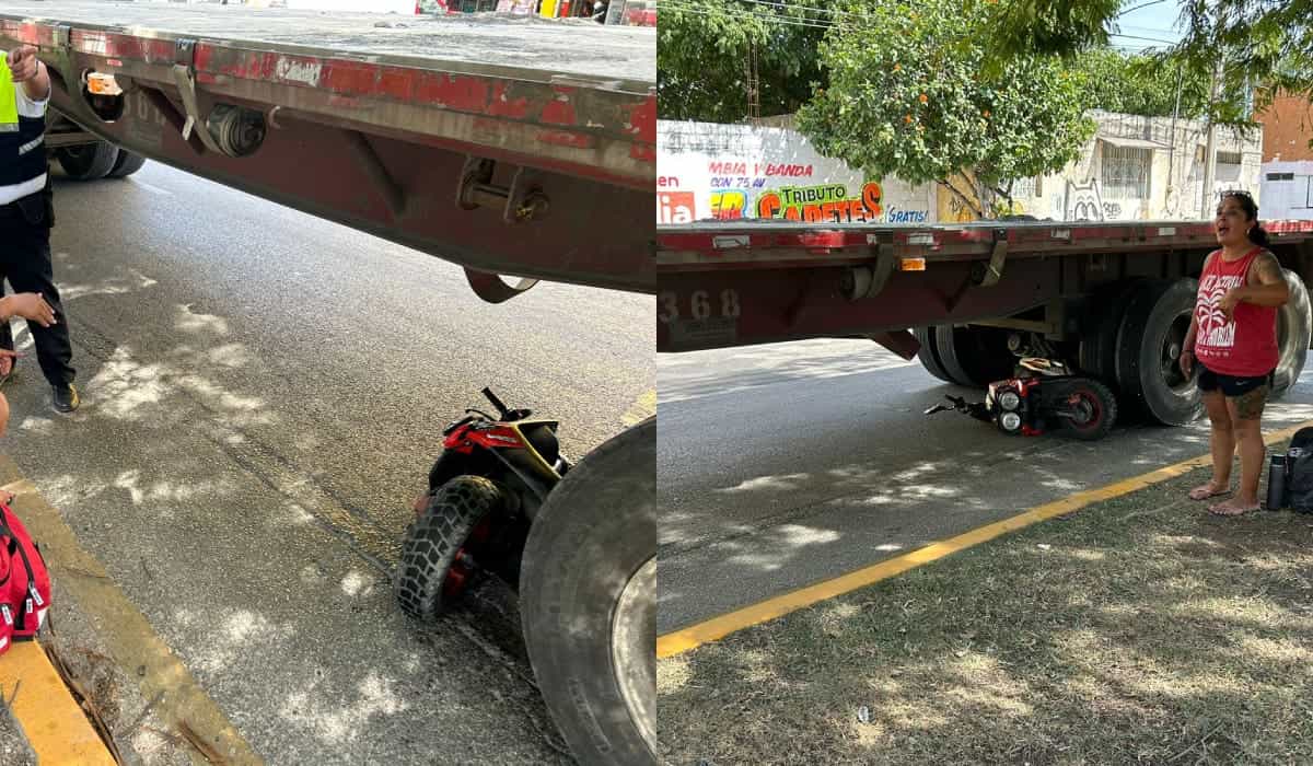 Se salvan motociclista y acompañante de ser arrollados por un tráiler en la avenida 115 de Playa del Carmen
