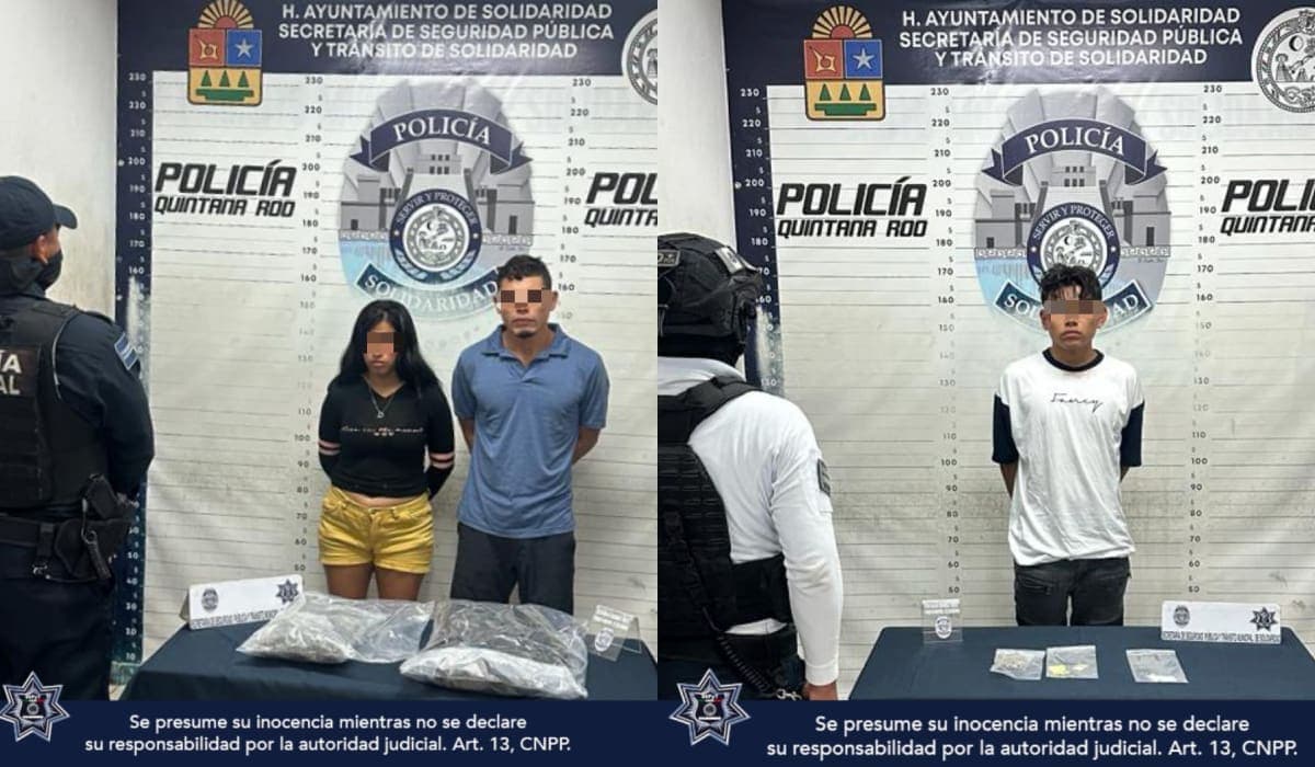 Policía Municipal de Solidaridad realizó la detención de 3 personas por la posible comisión de delitos contra la salud y aseguró posible marihuana y metanfetamina