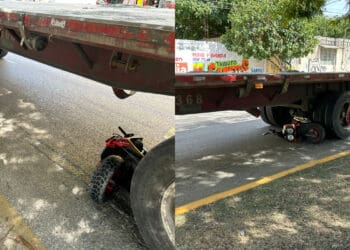 Se salvan motociclista y acompañante de ser arrollados por un tráiler en la avenida 115 de Playa del Carmen