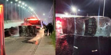 Vuelca y se incendia carro en Puerto Aventuras