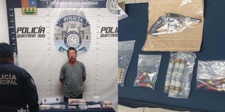 Policía Municipal detiene a sujeto en posesión de un arma de fuego y cartuchos en Solidaridad