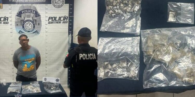 Policía Municipal de Solidaridad aseguro a un sujeto en posesión de más de 120 dosis de posibles drogas