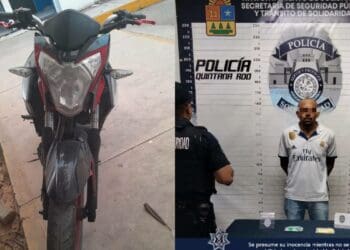 Policía Municipal de Solidaridad recupera motocicleta con reporte de robo y asegura a un sujeto con dosis de posible metanfetamina