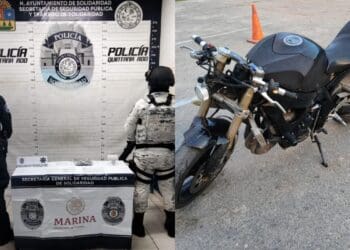 Policía Municipal de Solidaridad recupera una motocicleta con reporte de robo y decomisan 53 posibles dosis de narcóticos en otro hecho