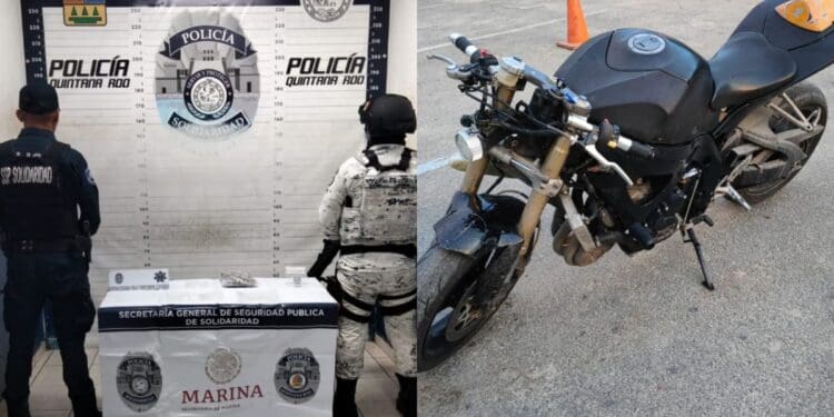 Policía Municipal de Solidaridad recupera una motocicleta con reporte de robo y decomisan 53 posibles dosis de narcóticos en otro hecho