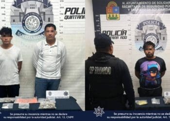 Policía Municipal de Solidaridad sigue dando resultados efectivos contra el narcomenudeo, esta vez asegurando a 3 sujetos con posibles narcóticos