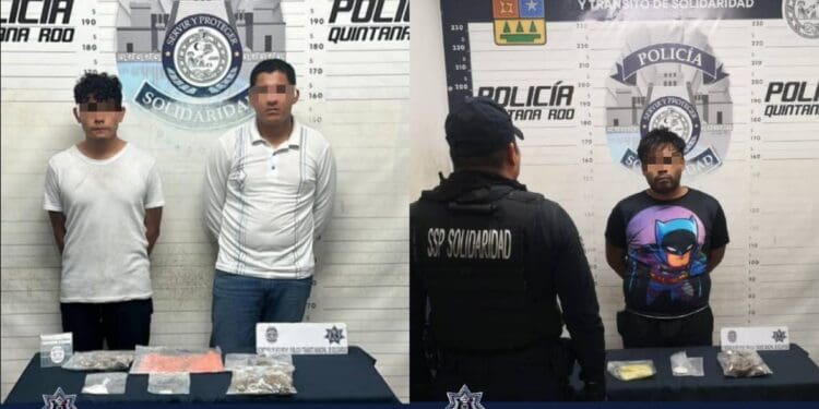 Policía Municipal de Solidaridad sigue dando resultados efectivos contra el narcomenudeo, esta vez asegurando a 3 sujetos con posibles narcóticos