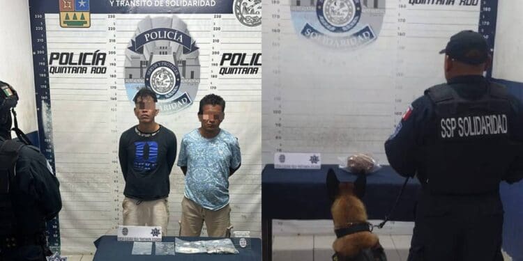 Policía Municipal de Solidaridad aseguró a dos sujetos con más de 20 envoltorios de posibles drogas