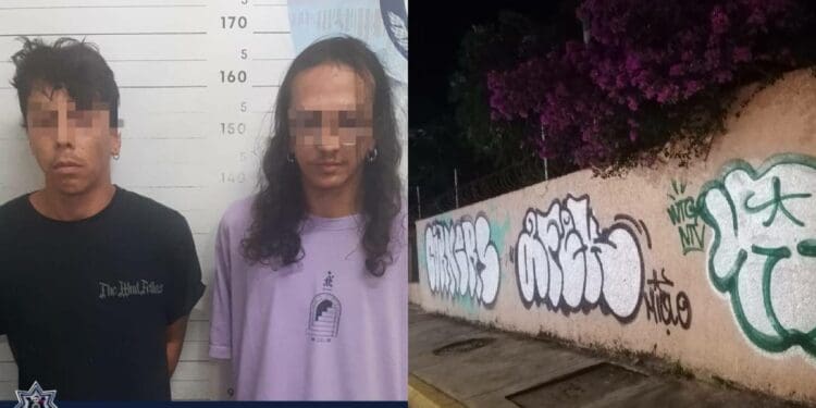 Policía Municipal de Solidaridad detuvieron a 2 sujetos que se encontraban pintando con pintura aerosol la barda de un hospital