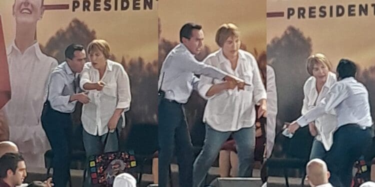 ¡VA PA FUERA! Bajan de templete a Laura Beristain durante visita de Claudia Sheinbaum en Playa del Carmen